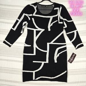 Nina Leonard Black White Geometric Sweater Dress Long Sleeve Size L NWT